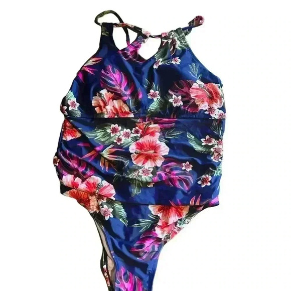 Kona Sol‎ Navy Blue Floral One Piece Swimsuit, 24 Wide, New! - Picture 1 of 8